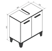 Masszeichnung Waschbeckenunterschrank mit zwei Türen, Breite 602 Millimeter, Höhe 632 Millimeter, Tiefe 320 Millimeter.