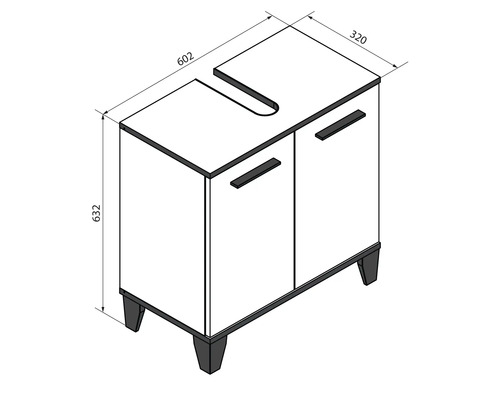 Masszeichnung Waschbeckenunterschrank mit zwei Türen, Breite 602 Millimeter, Höhe 632 Millimeter, Tiefe 320 Millimeter.