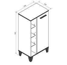 Technische Zeichnung Badschrank mit einer Tür und Regal. Maße: Höhe 942, Breite 470, Tiefe 320 Millimeter.