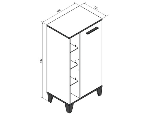 Schéma avec dimensions d un meuble d appoint avec une porte et des étagères ouvertes, 942 sur 470 sur 320 millimètres.