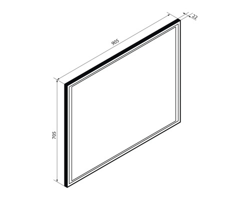 Dessin technique d'un panneau rectangulaire : 905 millimètres de largeur, 705 millimètres de hauteur et 22 millimètres de profondeur.