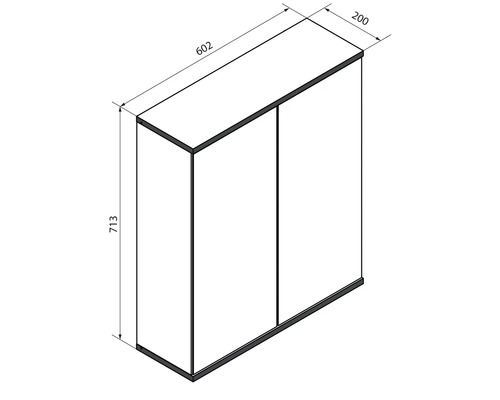 Massskizze für einen zweitürigen Schrank mit den Massen 602 Millimeter Breite, 713 Millimeter Höhe und 200 Millimeter Tiefe.