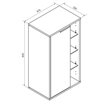 Schéma avec dimensions pour un meuble bas avec une porte et étagères ouvertes, hauteur 842 millimètres, largeur 470 millimètres, profondeur 320 millimètres.