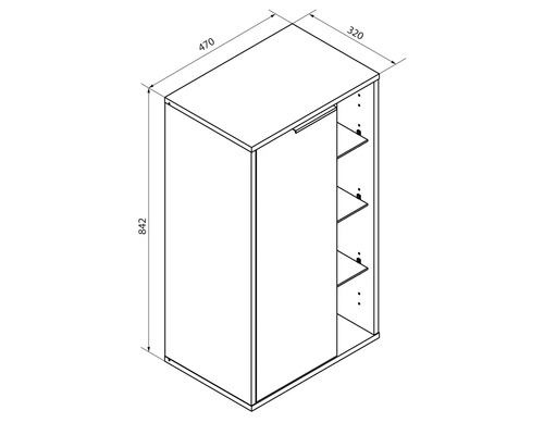 Schéma avec dimensions pour un meuble bas avec une porte et étagères ouvertes, hauteur 842 millimètres, largeur 470 millimètres, profondeur 320 millimètres.