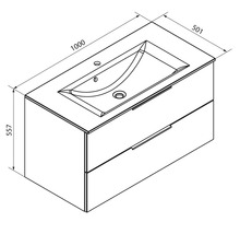 Croquis coté pour meuble sous-lavabo avec vasque, largeur 1000 millimètres, profondeur 501 millimètres, hauteur 557 millimètres, deux tiroirs.