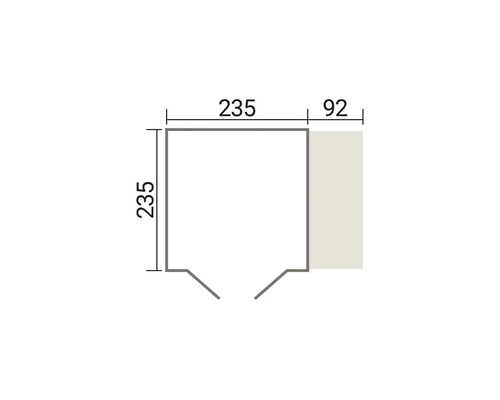 Croquis d'un plan d'étage carré avec extension et dimensions en centimètres.