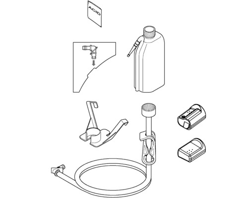 Schéma éclaté d''un kit d''acide de batterie avec récipient, tuyau, support et indication d''acide