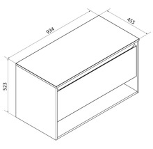Dessin technique meuble sous-vasque, un tiroir, niche ouverte, largeur 934 millimètres, profondeur 455 millimètres, hauteur 523 millimètres.