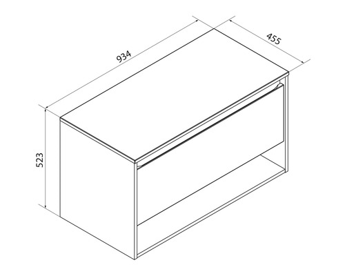 Dessin technique meuble sous-vasque, un tiroir, niche ouverte, largeur 934 millimètres, profondeur 455 millimètres, hauteur 523 millimètres.