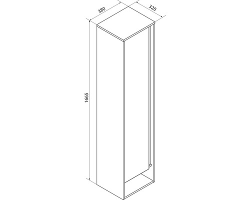 Schéma avec dimensions d une armoire haute de salle de bain: hauteur 1665 millimètres, largeur 320 millimètres et profondeur 380 millimètres.