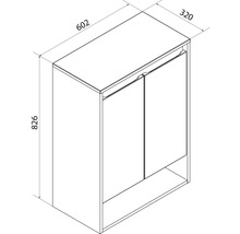 Dessin technique pour un meuble avec deux portes et compartiment ouvert, largeur 602 millimetres, profondeur 320 millimetres, hauteur 826 millimetres.