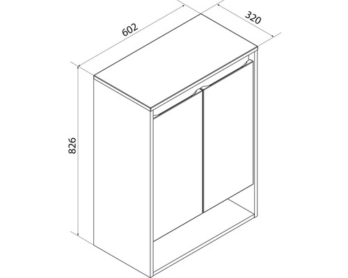 Dessin technique pour un meuble avec deux portes et compartiment ouvert, largeur 602 millimetres, profondeur 320 millimetres, hauteur 826 millimetres.