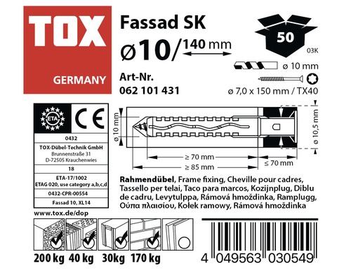 TOX Fassad SK Dübel Informationen zu Größe, Traglast und Zulassung