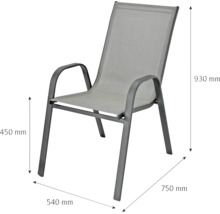 Stapelbarer Gartenstuhl aus Metall: Höhe 930 Millimeter, Breite 540 Millimeter, Tiefe 750 Millimeter, Sitzhöhe 450 Millimeter.