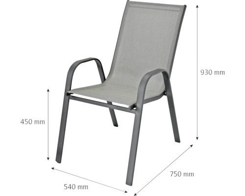 Stapelbarer Gartenstuhl aus Metall: Höhe 930 Millimeter, Breite 540 Millimeter, Tiefe 750 Millimeter, Sitzhöhe 450 Millimeter.