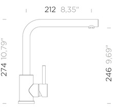 Masszeichnung einer Küchenarmatur mit L-Auslauf. Gesamthöhe 274 Millimeter, Ausladung 212 Millimeter, Auslaufhöhe 246 Millimeter.