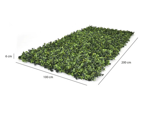 Künstliche Hecke, Masse 100 Zentimeter mal 200 Zentimeter, Tiefe 6 Zentimeter.