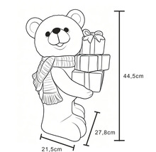 Technische Zeichnung Teddybär-Weihnachtsfigur mit Schal und Geschenken, Masse: Höhe 44,5 Zentimeter, Breite 21,5 Zentimeter, Tiefe 27,8 Zentimeter