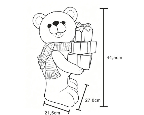 Technische Zeichnung Teddybär-Weihnachtsfigur mit Schal und Geschenken, Masse: Höhe 44,5 Zentimeter, Breite 21,5 Zentimeter, Tiefe 27,8 Zentimeter