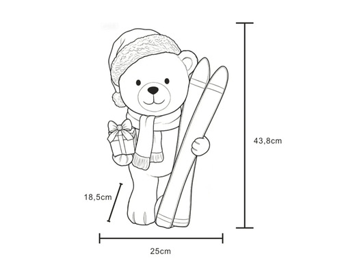 Weihnachtsfigur Bär mit Mütze, Schal, Geschenk und Skiern, Maße 43,8 mal 25 mal 18,5 Zentimeter.