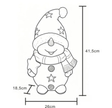 Skizze eines Schneemanns mit Mütze, Schal und Stern, Maße 41,5 Zentimeter hoch, 26 Zentimeter breit und 18,5 Zentimeter tief.