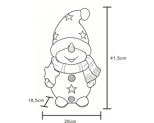 Skizze eines Schneemanns mit Mütze, Schal und Stern, Maße 41,5 Zentimeter hoch, 26 Zentimeter breit und 18,5 Zentimeter tief.