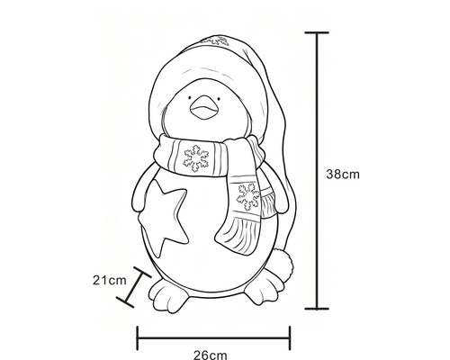 Skizze einer Weihnachtsfigur Pinguin mit Mütze, Schal und Stern, Masse 38 Zentimeter Höhe, 26 Zentimeter Breite und 21 Zentimeter Tiefe.