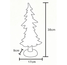 Strichzeichnung eines dekorativen Weihnachtsbaums mit Maßen: Höhe 38 Zentimeter, Breite 17 Zentimeter und Tiefe 9 Zentimeter.