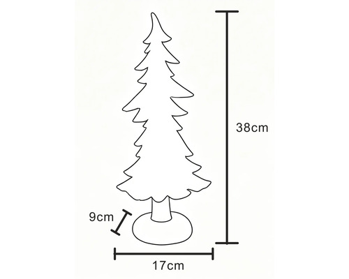 Strichzeichnung eines dekorativen Weihnachtsbaums mit Maßen: Höhe 38 Zentimeter, Breite 17 Zentimeter und Tiefe 9 Zentimeter.