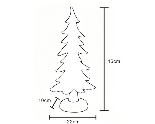 Skizze eines dekorativen Weihnachtsbaums mit Maßangaben: Höhe 46 Zentimeter, Breite 22 Zentimeter und Tiefe 10 Zentimeter.