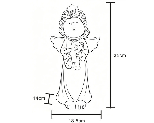 Skizze einer Engelsfigur mit Teddybär und Massangaben: Höhe 35 Zentimeter, Breite 18,5 Zentimeter, Tiefe 14 Zentimeter.