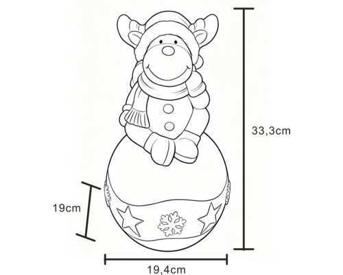 Croquis d'une figurine de renne de Noël sur une boule avec étoiles. Hauteur 33,3 centimètres, largeur 19,4 centimètres, profondeur 19 centimètres.