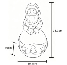 Dessin d'une figurine de Père Noël sur une boule avec dimensions : hauteur 33,3 centimètres, largeur 19,4 centimètres, profondeur 19 centimètres.