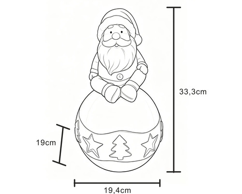 Dessin d'une figurine de Père Noël sur une boule avec dimensions : hauteur 33,3 centimètres, largeur 19,4 centimètres, profondeur 19 centimètres.