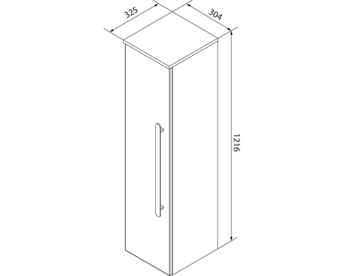 Dessin technique d un meuble haut avec dimensions 325 par 304 par 1216 millimètres et poignée de porte verticale.
