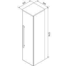 Dessin technique d'un meuble de salle de bain haut avec poignée, largeur 325 millimètres, profondeur 304 millimètres, hauteur 1216 millimètres.