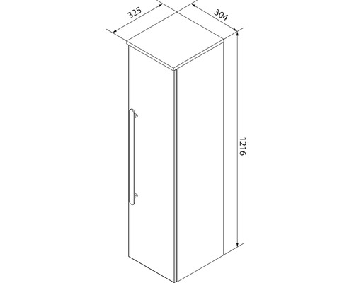 Dessin technique d'un meuble de salle de bain haut avec poignée, largeur 325 millimètres, profondeur 304 millimètres, hauteur 1216 millimètres.