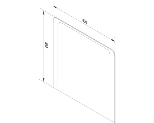 Dessin technique d'un miroir carré aux coins arrondis, dimensions 800 par 800 millimètres.