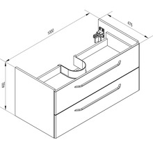 Dessin technique d'un meuble sous-vasque avec deux tiroirs. Largeur 1000 millimètres, hauteur 492 millimètres, profondeur 476 millimètres.