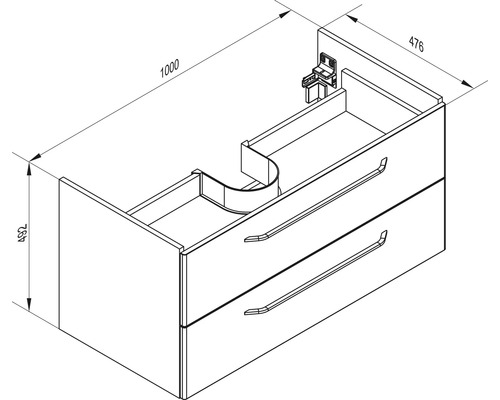 Dessin technique d'un meuble sous-vasque avec deux tiroirs. Largeur 1000 millimètres, hauteur 492 millimètres, profondeur 476 millimètres.