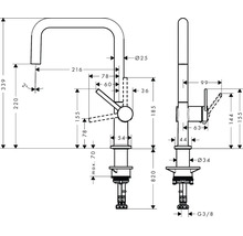 Dessin technique d'un robinet de cuisine en forme de L avec levier latéral et dimensions en millimètres.