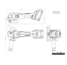 Metabo Logo. Technische Zeichnung mit Massangaben für Metabo Winkelschleifer, Seitenansicht, Draufsicht und Vorderansicht.