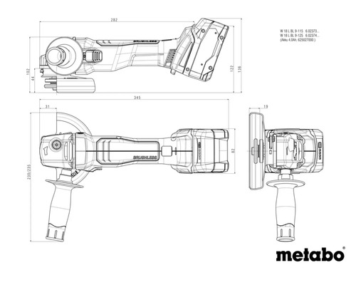 Metabo Logo. Technische Zeichnung mit Massangaben für Metabo Winkelschleifer, Seitenansicht, Draufsicht und Vorderansicht.