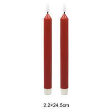 Zwei rote LED-Stabkerzen mit weißem Sockel und weißer Flamme, Maße 2,2 mal 24,5 Zentimeter.