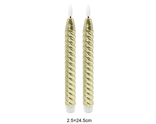 Zwei goldene LED-Stabkerzen in gedrehter Optik, Grösse 2,5 mal 24,5 Zentimeter.