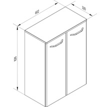 Dessin technique d un meuble bas de salle de bain à deux portes: largeur 602 millimètres, profondeur 320 millimètres, hauteur 826 millimètres.