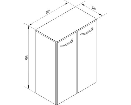 Dessin technique d un meuble bas de salle de bain à deux portes: largeur 602 millimètres, profondeur 320 millimètres, hauteur 826 millimètres.