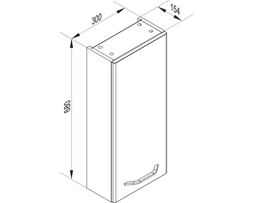 Croquis de dimensions pour une armoire murale : hauteur 680 millimètres, largeur 300 millimètres, profondeur 154 millimètres.