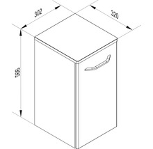 Dessin technique d'un meuble bas avec une porte et une poignée, dimensions en millimètres : hauteur 566, largeur 320, profondeur 302.