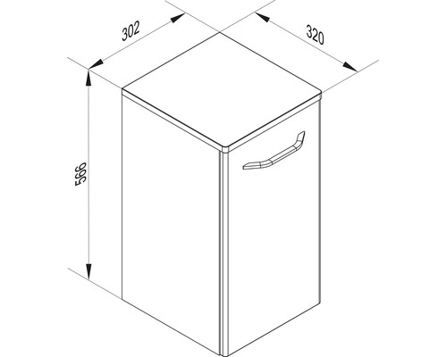 Dessin technique d'un meuble bas avec une porte et une poignée, dimensions en millimètres : hauteur 566, largeur 320, profondeur 302.
